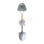 Silver Colored Hard Hat and Bow on Deluxe Groundbreaking Shovel Kit.