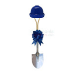 Blue groundbreaking shovel, hard hat and bow kit in upright pose.