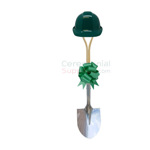 Green shovel, hard hat and bow groundbreaking kit in upright position.