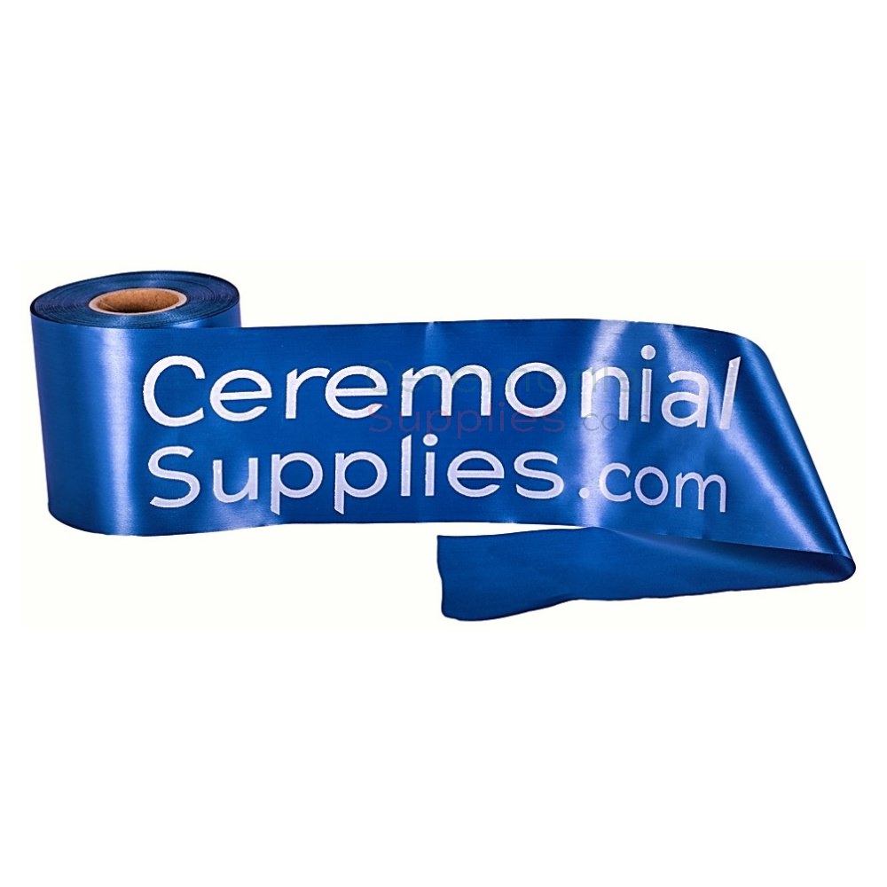 blue ceremonial ribbon with white font