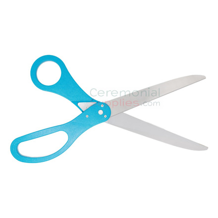 Teal ribbon cutting scissors with silver blades.