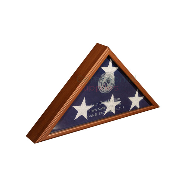 triangle flag display case with flag inside and personal engraving