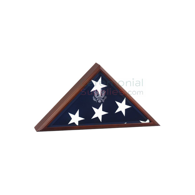 Triangle cherry wood display case with flag inside and presidential seal engraving