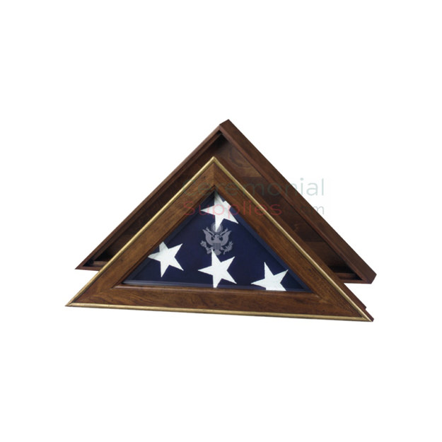 Triangle flag display case with gold accents and flag inside
