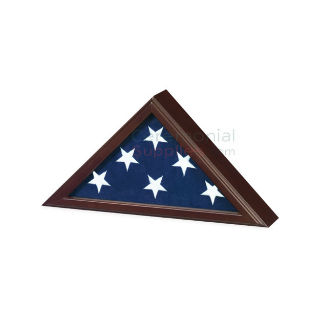 Triangle flag display case with dark wood finish