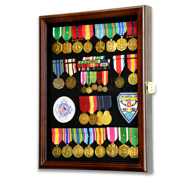 Vertical military medal display filled with medals