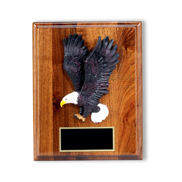 Wood plaque with bald eagle and brass plate for engraving