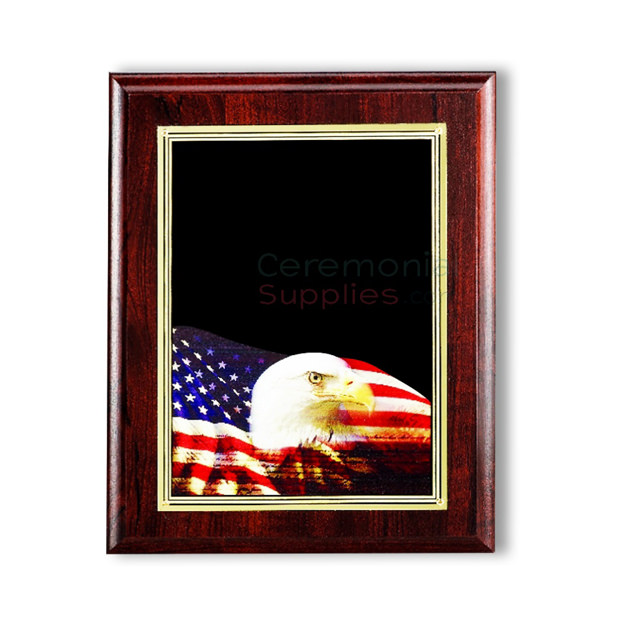 Cherry finish vertical plaque with black area for engraving and digital photo of bald eagle and American flag