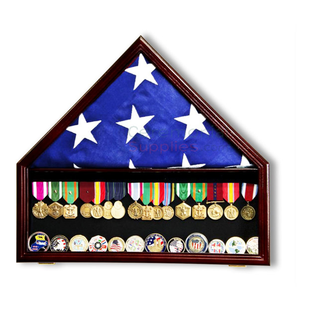 Pictured combination triangle flag display case and medal shadowbox display case