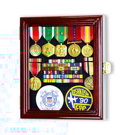 Pictured vertical cherry wood display case with latch
