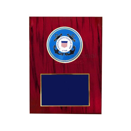 Cherry finish plaque with US Coast Guard medallion and black area for engraving