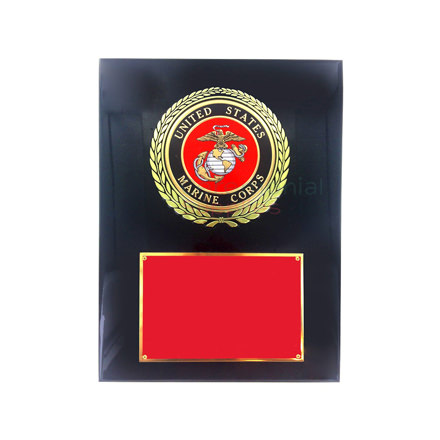 Black and red plaque with Marine Corps seal surrounded by a wreath and room for engraving