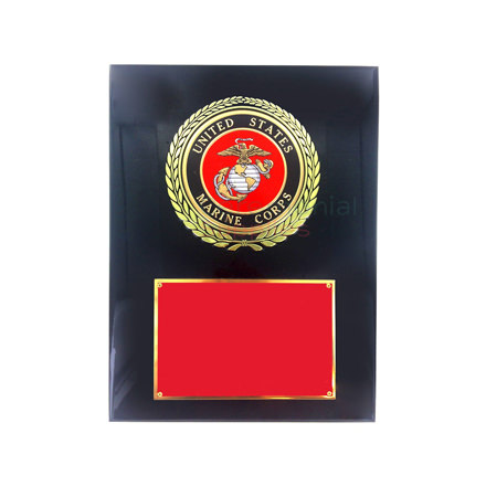 US Marine Corps Medallion Plaque with Wreath Black and red plaque with Marine Corps seal surrounded by a wreath and room for engraving