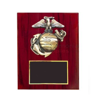 Cherry finish plaque with Marine Corps emblem and black area for engraving