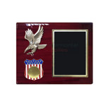 Horizontal plaque featuring American eagle emblem and American flag shield with medallion insert and black plate for engraving