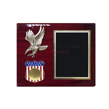 Horizontal plaque featuring American eagle emblem and American flag shield with medallion insert and black plate for engraving