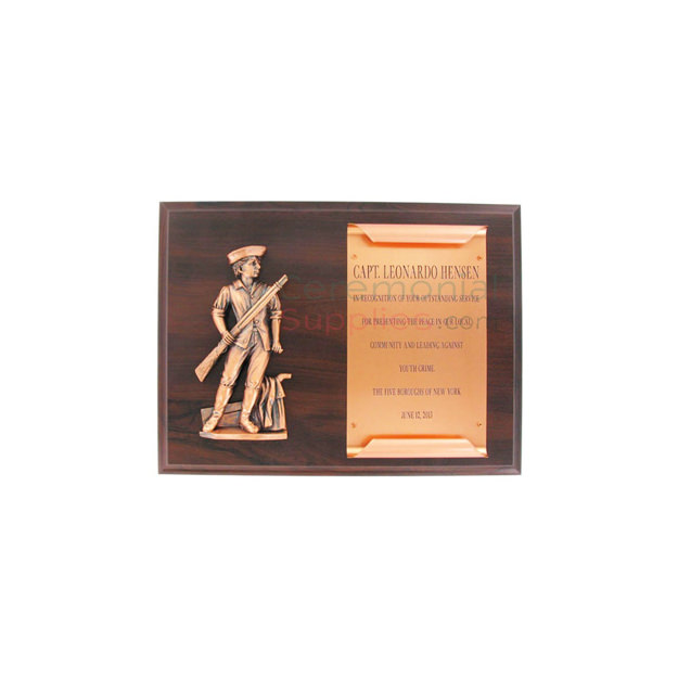Wood plaque with minuteman emblem and ample black area for engraving