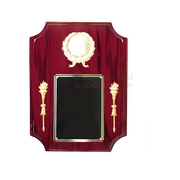 Vertical plaque with dipped in borders, with space for military insert, black area for engraving and two torches on both sides