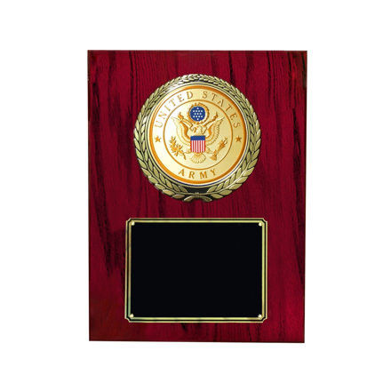 Cherry finish plaque with the US Army medallion and black area for engraving