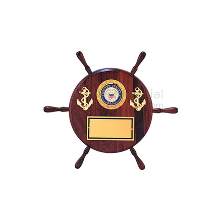 Pictured Ship wheel shaped plaque with two anchors, the military branch, and room for engraving