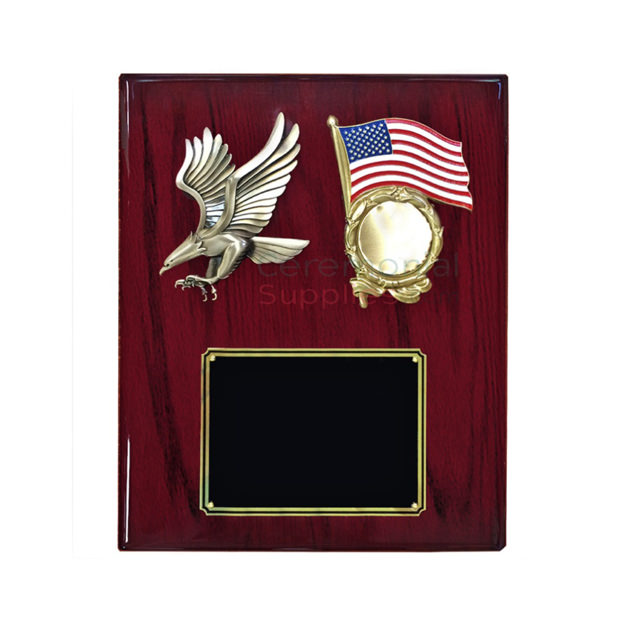 Cherry wood plaque with bald eagle and American flag emblem insert