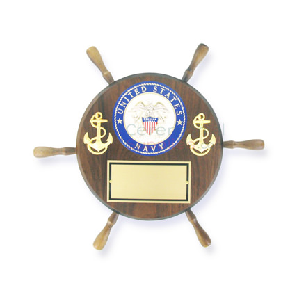 Us Navy Medallion Ship Wheel Award Plaque Ship wheel shaped wooden plaque with the US Navy emblem and two anchors, and a plate to engrave below