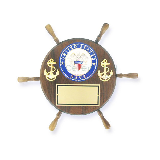 Ship wheel shaped wooden plaque with the US Navy emblem and two anchors, and a plate to engrave below