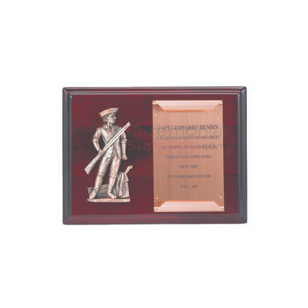 Cherry wood plaque with minuteman figure and scroll with space to engrave text