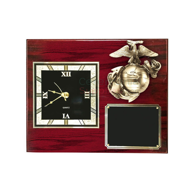 Cherry wood plaque with a clock and Marine Corps insignia with room for engraving