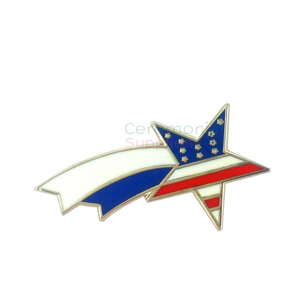 Lapel pin of a shooting star filled in with the American flag colors
