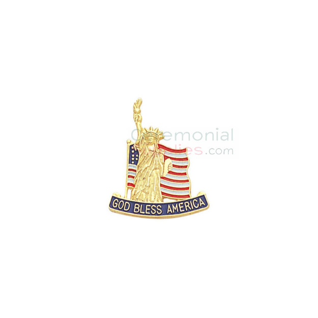 American flag with Statue of Liberty and 'God Bless America' text on a lapel pin