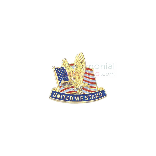 American flag with eagle and 'United We Stand' text on a lapel pin