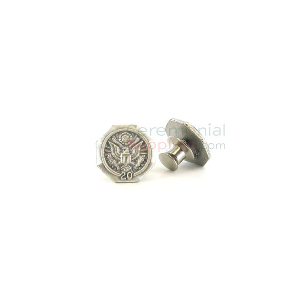 Silver lapel pin with '20' text and American seal