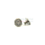 Silver lapel pin with '25' text and American seal