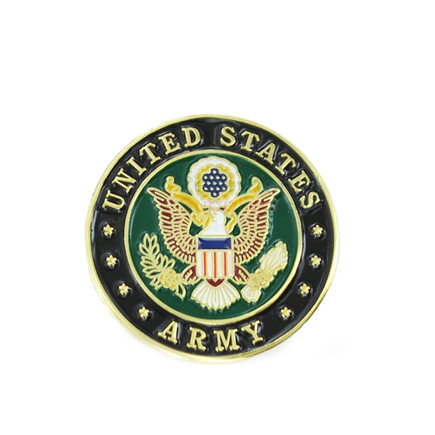 A round lapel pin with the Army insignia