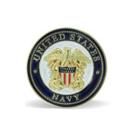 A round lapel pin with the Navy insignia