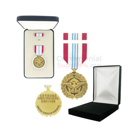 Pictured 1-3/8 Inch Defense Meritorious Military Medal with Black Velour and Official Govt. Boxes