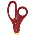 Close-up of maroon handles on custom golden blade scissors.
