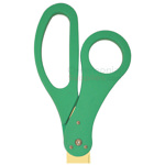 Close-up of green handles on custom golden blade scissors.