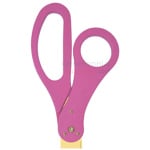 Close-up of pink handles on custom golden blade scissors.