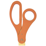 Close-up of orange handles on custom golden blade scissors.