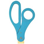 Close-up of teal handles on custom golden blade scissors.