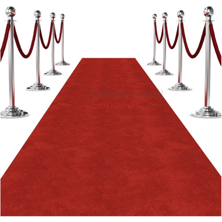 View of Standard Ceremonial Red Carpet with Stanchions Displayed