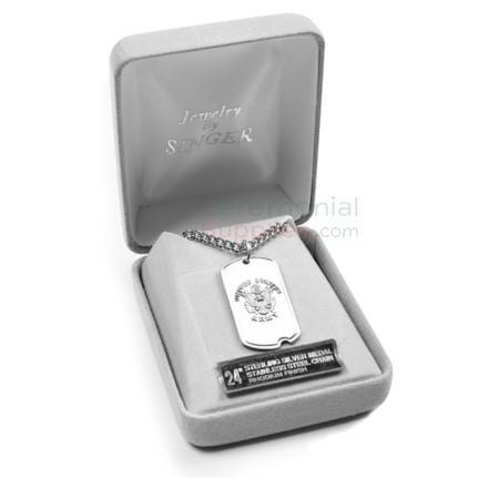 US Army 24 inch Sterling Silver Dog Tag Front Front image of US Army dog tag in its case