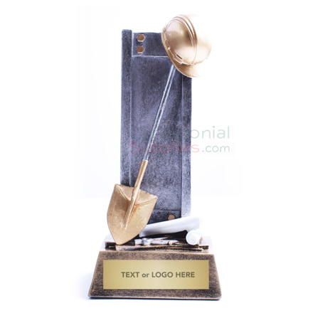 Groundbreaking Commemorative Keepsake Front Shovel and Hard Hat Leaning on Slab of Stone with Customizable Plate Front View