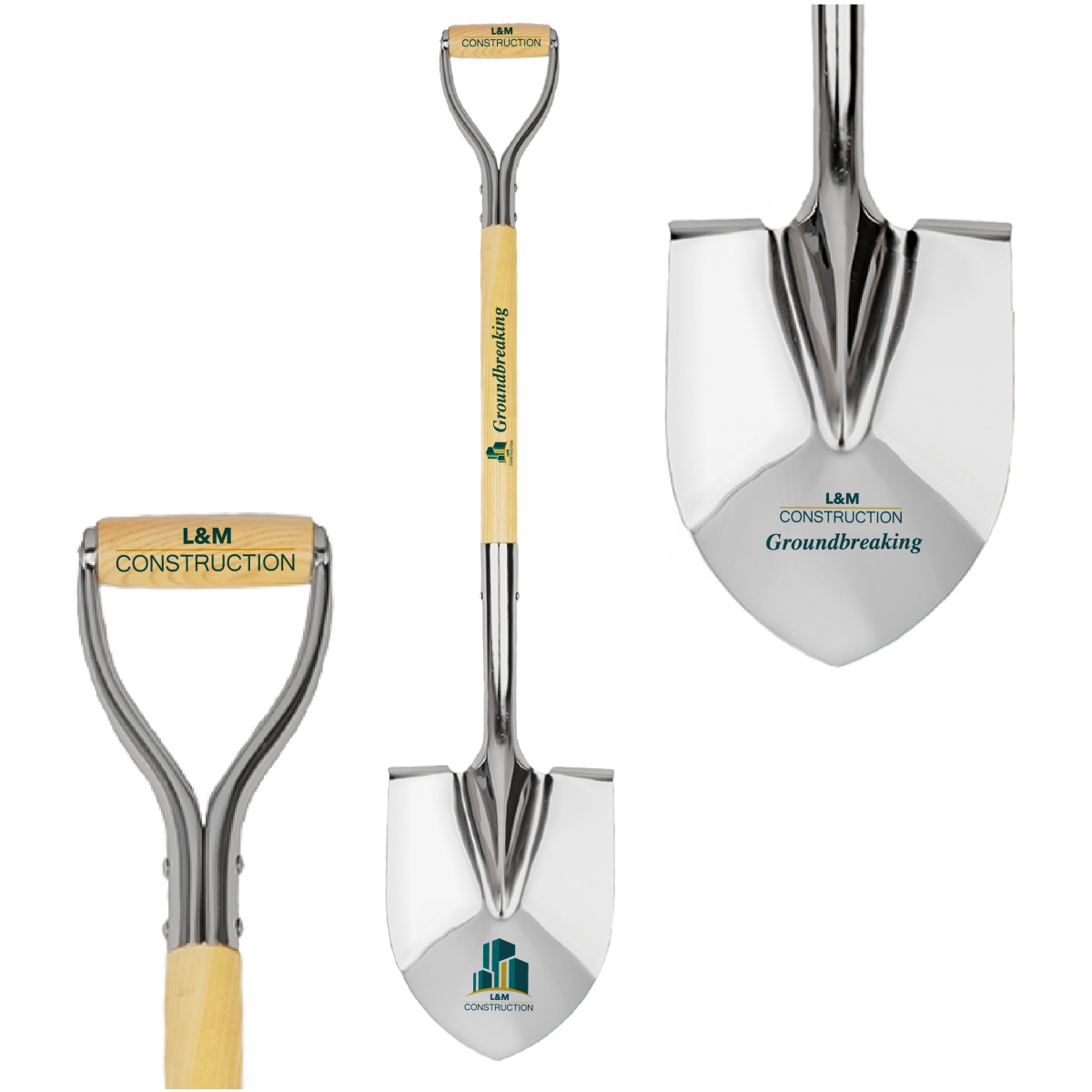 printed logo on the blade of a groundbreaking shovel
