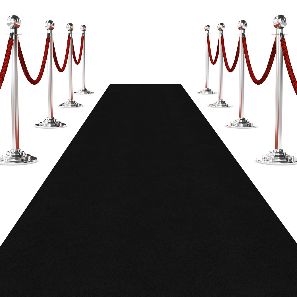 black carpet runner with silver stanchions and red rope