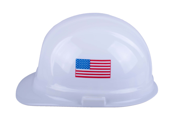 Side view picture of a White Groundbreaking Hard Hat with American Flag.