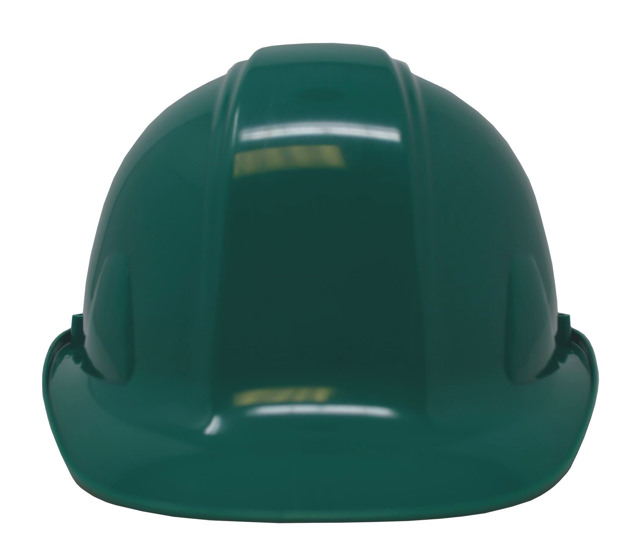 Front of green ceremonial groundbreaking hard hat.	