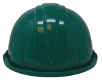 Green ceremonial groundbreaking hard hat from back side.